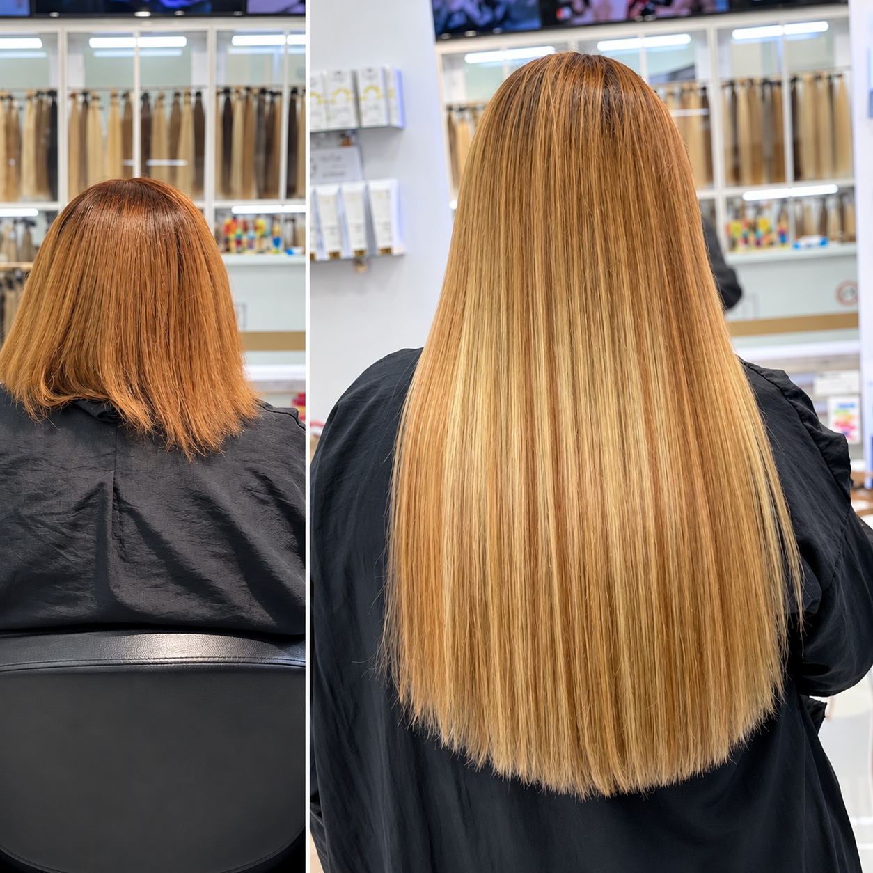Toni Salon Manhattan real client — before and after hair extension result with natural volume