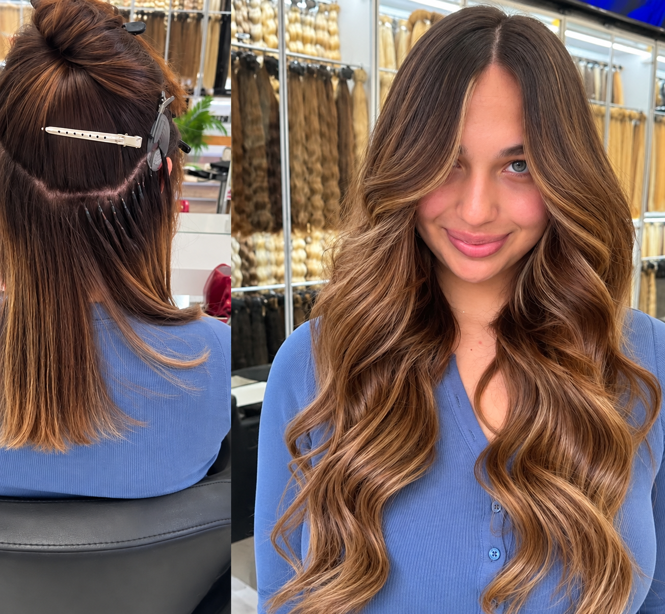 Toni Salon Manhattan real client — full-length hair extension transformation with seamless natural blending