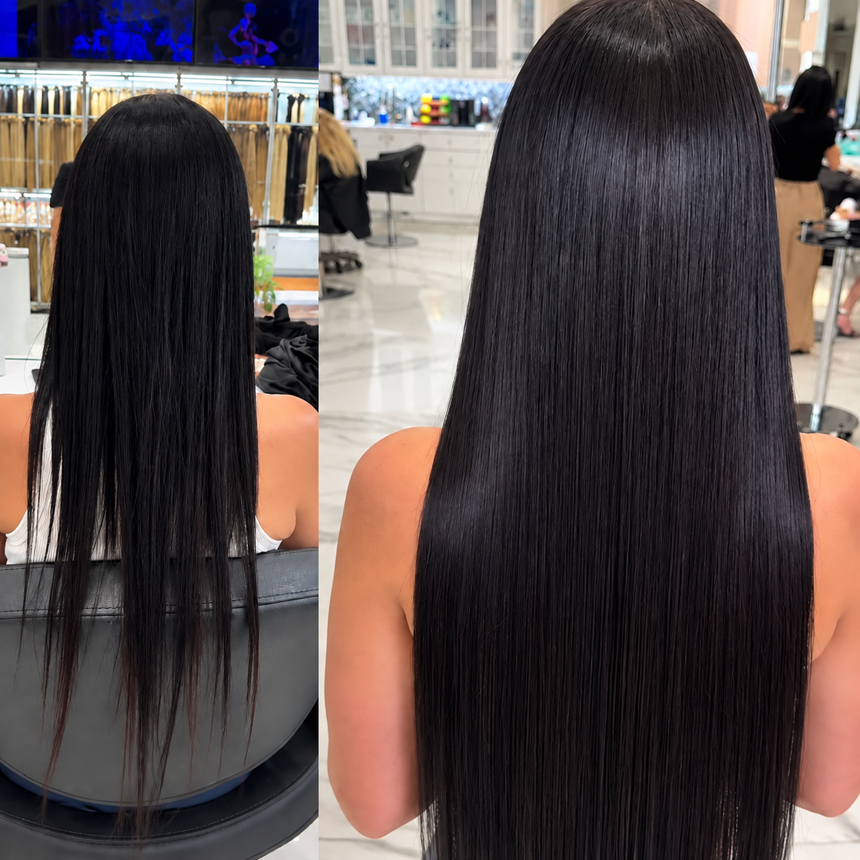 Toni Salon Manhattan real client — long styled hair extension transformation with custom color matching