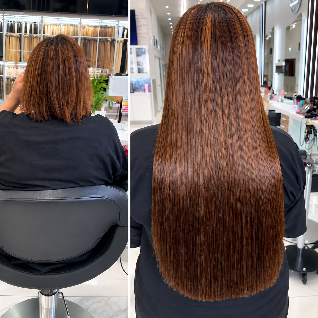 Toni Salon Manhattan real client — stunning hair extension transformation with natural color